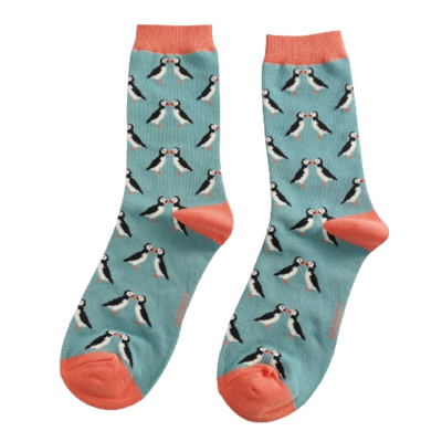 MISS SPARROW Kissing Puffins Socks Duck Egg Super Soft Breathable Bamboo Blend