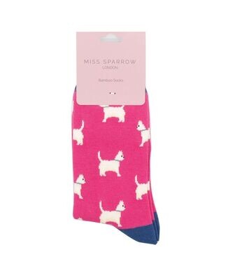MISS SPARROW Scottie Dog Socks Hot Pink Super Soft Breathable Bamboo Blend