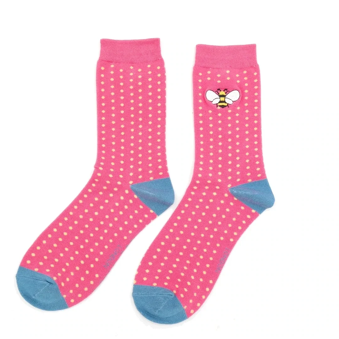 MISS SPARROW Embroidered Pink Bee Socks Eco Friendly Breathable Bamboo Blend