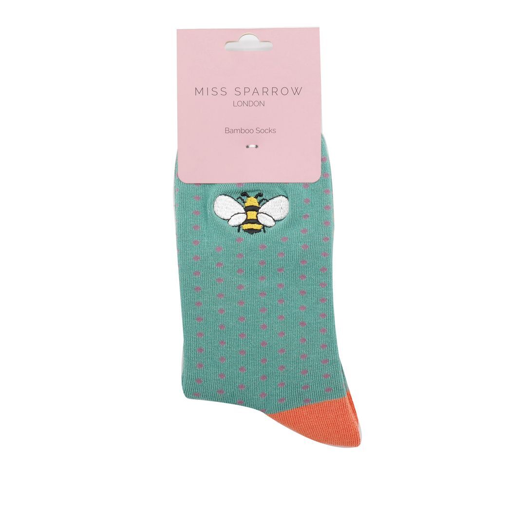 MISS SPARROW Embroidered Green Bee Socks Eco Friendly Breathable Bamboo Blend