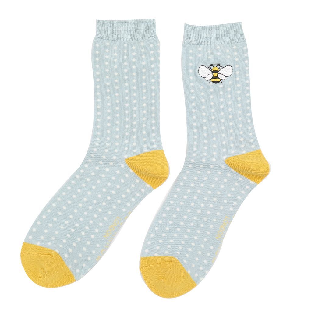 MISS SPARROW Embroidered Powder Blue Bee Socks Eco Friendly Breathable Bamboo Blend