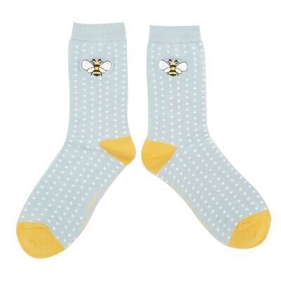 MISS SPARROW Embroidered Powder Blue Bee Socks Eco Friendly Breathable Bamboo Blend
