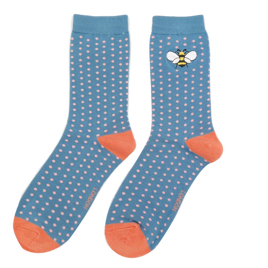 MISS SPARROW Embroidered Denim Blue Bee Socks Eco Friendly Breathable Bamboo Blend