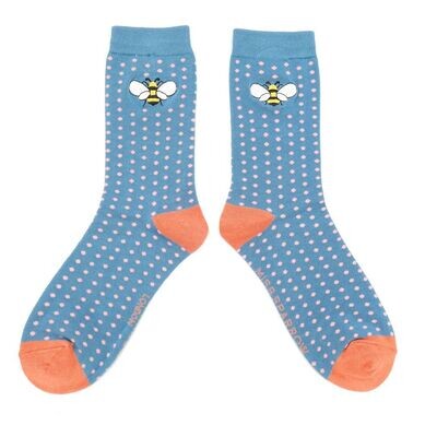MISS SPARROW Embroidered Denim Blue Bee Socks Eco Friendly Breathable Bamboo Blend