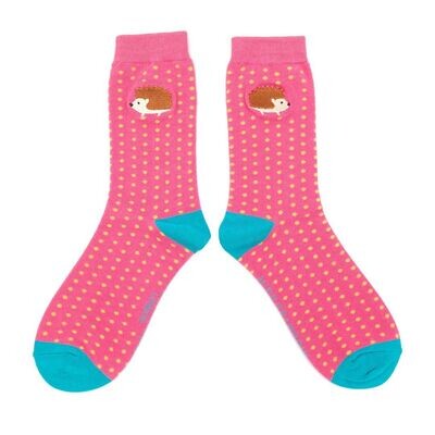 MISS SPARROW Embroidered Hedgehog Socks Hot Pink Eco Friendly Breathable Bamboo Blend