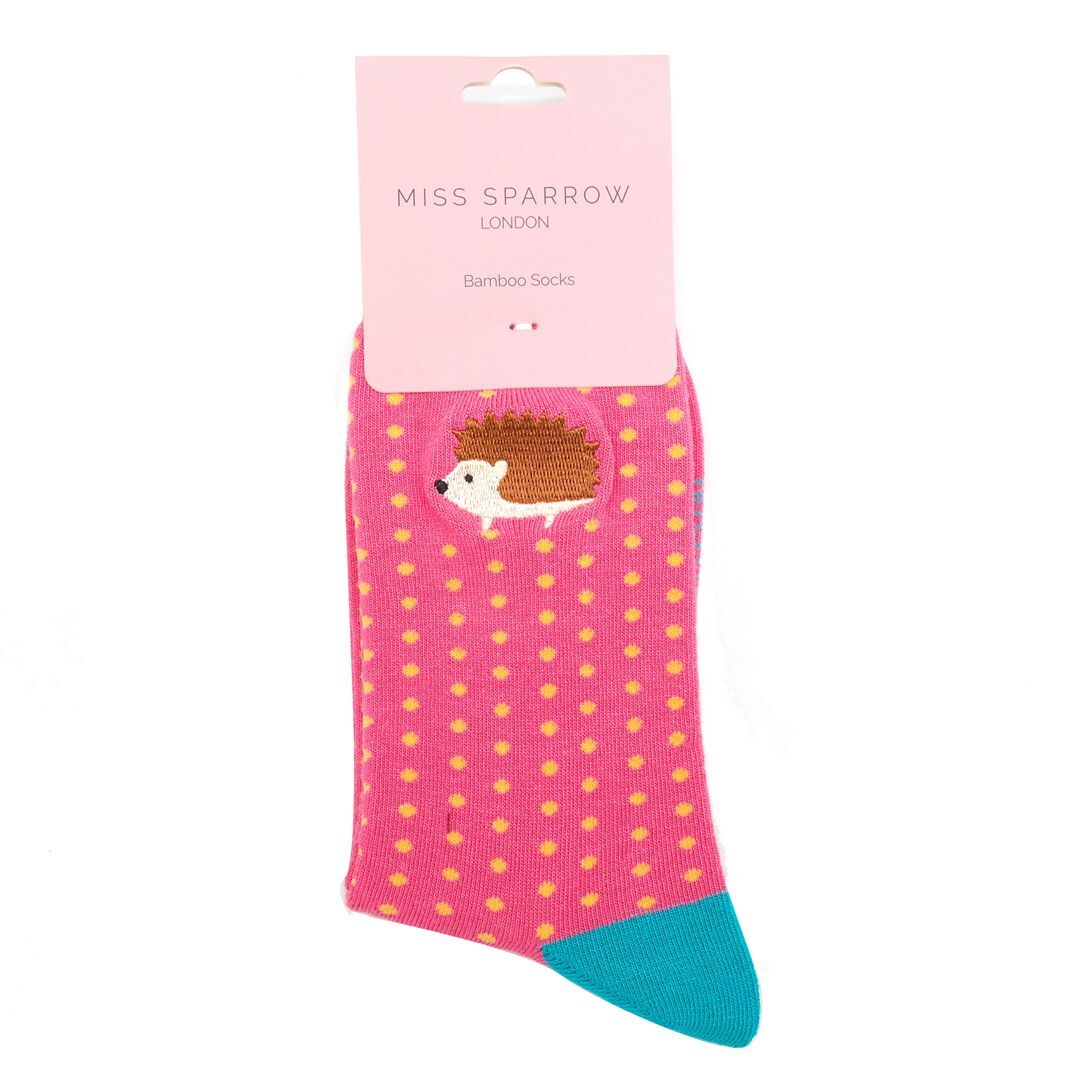 MISS SPARROW Embroidered Hedgehog Socks Hot Pink Eco Friendly Breathable Bamboo Blend