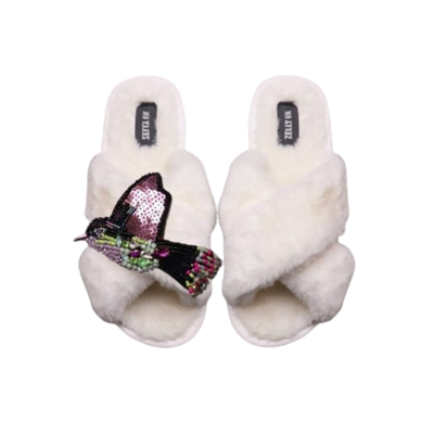 Zelly ladies Slippers Soft Fluffy Slider Style With Pink Humming Bird Size 6