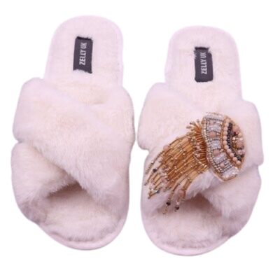 Zelly ladies Slippers Soft Fluffy Slider Style With Brooch Size 6
