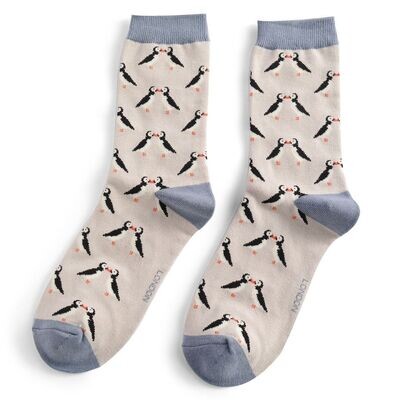 MISS SPARROW Kissing Puffins Socks Silver Super Soft Breathable Bamboo Blend