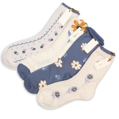 Zelly Daisy Ankle Socks Blue Cream Breathable Cotton With Spandex Pack of 4 Size 3 to 7