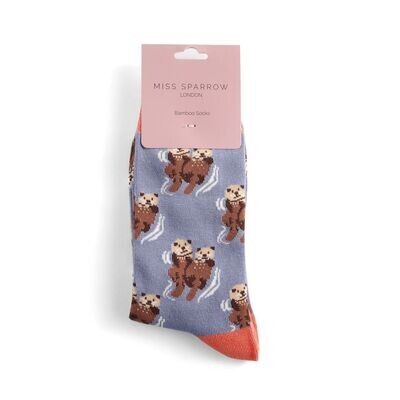 MISS SPARROW Cute Otters Socks Denim Blue Super Soft Bamboo Blend
