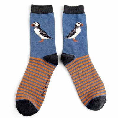 Mr Sparrow Puffin Socks Blue For Men’s Super Soft Bamboo Blend Size 7 to 11