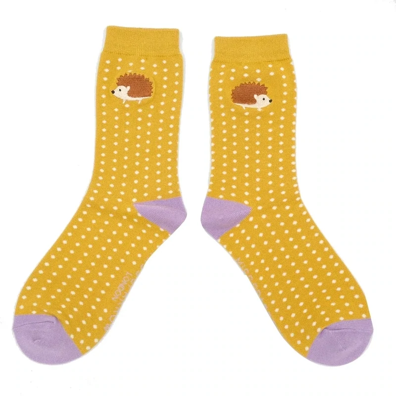 MISS SPARROW Embroidered  Hedgehog Socks Yellow  Eco Friendly  Breathable Bamboo Blend