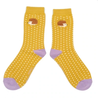 MISS SPARROW Embroidered Hedgehog Socks Yellow Eco Friendly Breathable Bamboo Blend