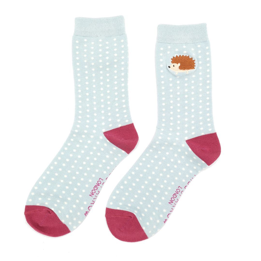MISS SPARROW Embroidered Hedgehog Socks Powder Blue Eco Friendly Breathable Bamboo Blend