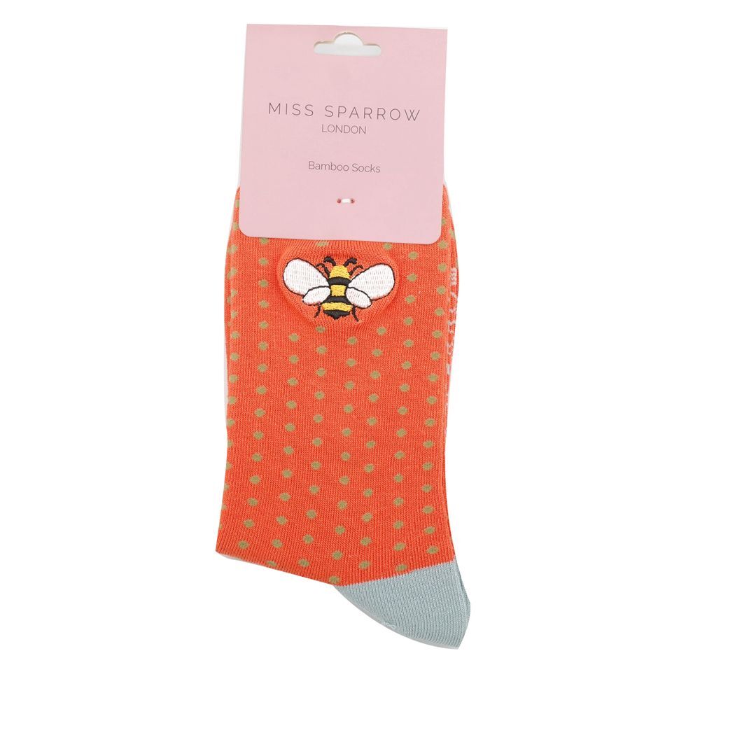 MISS SPARROW Embroidered Bee Orange Socks Eco Friendly Breathable Bamboo Blend