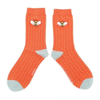 MISS SPARROW Embroidered Bee Orange Socks Eco Friendly Breathable Bamboo Blend