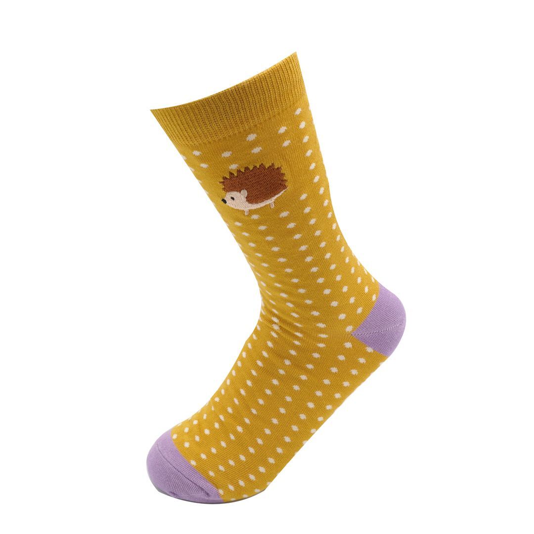 MISS SPARROW Embroidered Hedgehog Socks Yellow Eco Friendly Breathable Bamboo Blend