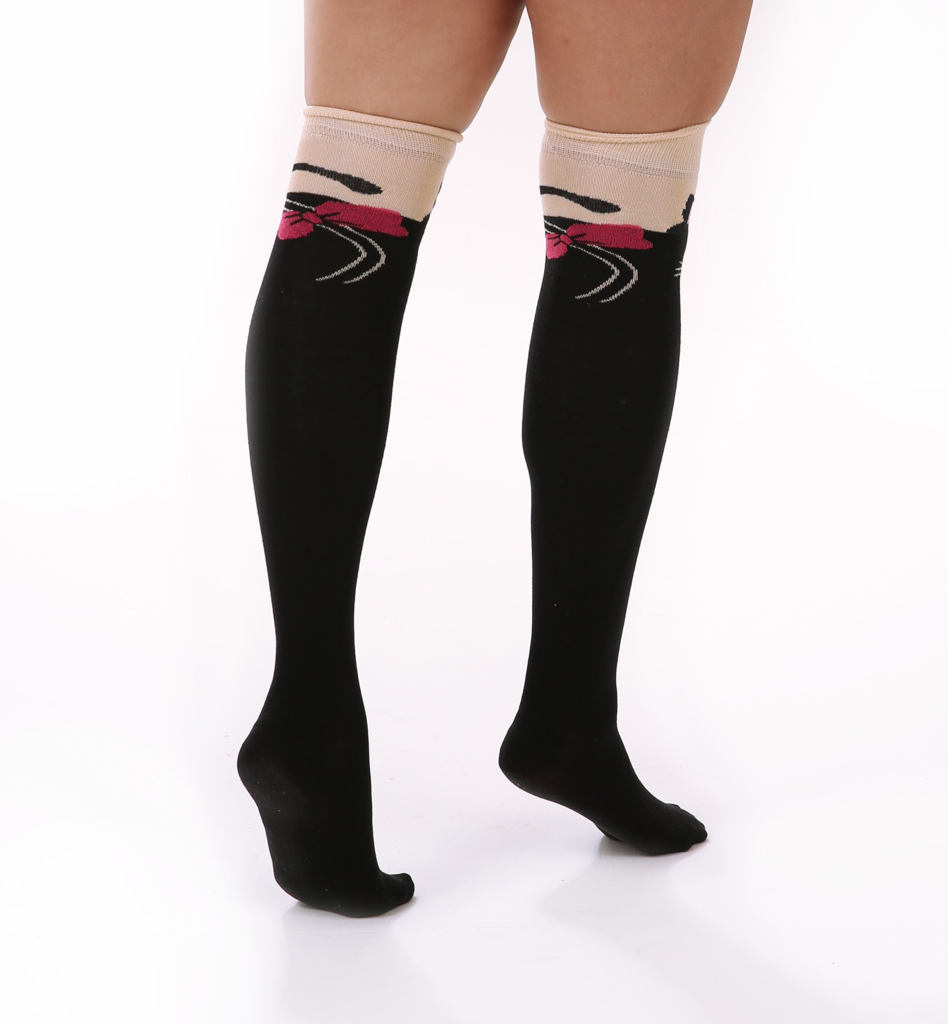 PAMELA MANN Cat Over The Knee Socks One Size Soft Cotton Blend Beige Black