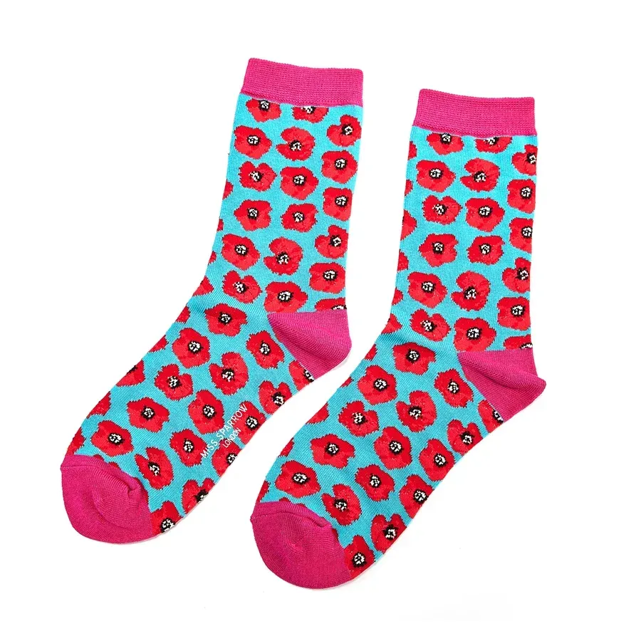 MISS SPARROW Socks Poppy Print Eco Friendly Bamboo Super Soft