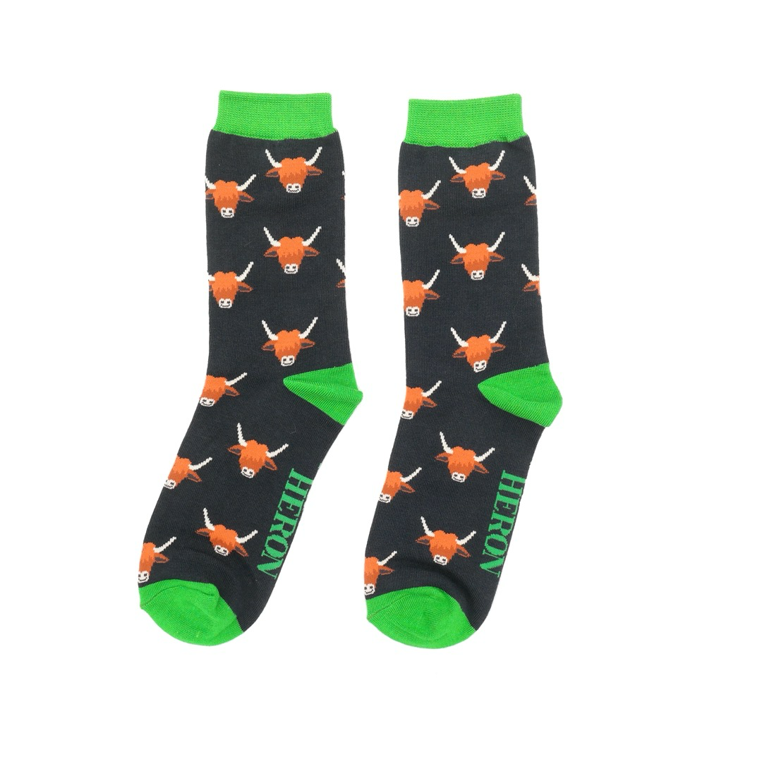 Highland Cow Hairy Coo Socks Black For Men’s Super Soft Bamboo Blend Size 7 to 11
