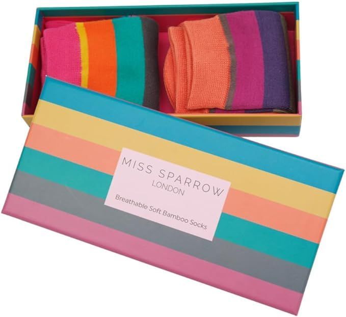 MISS SPARROW 2 Pairs Stripes Socks Boxed Super Soft Breathable Bamboo Blend Eco Friendly