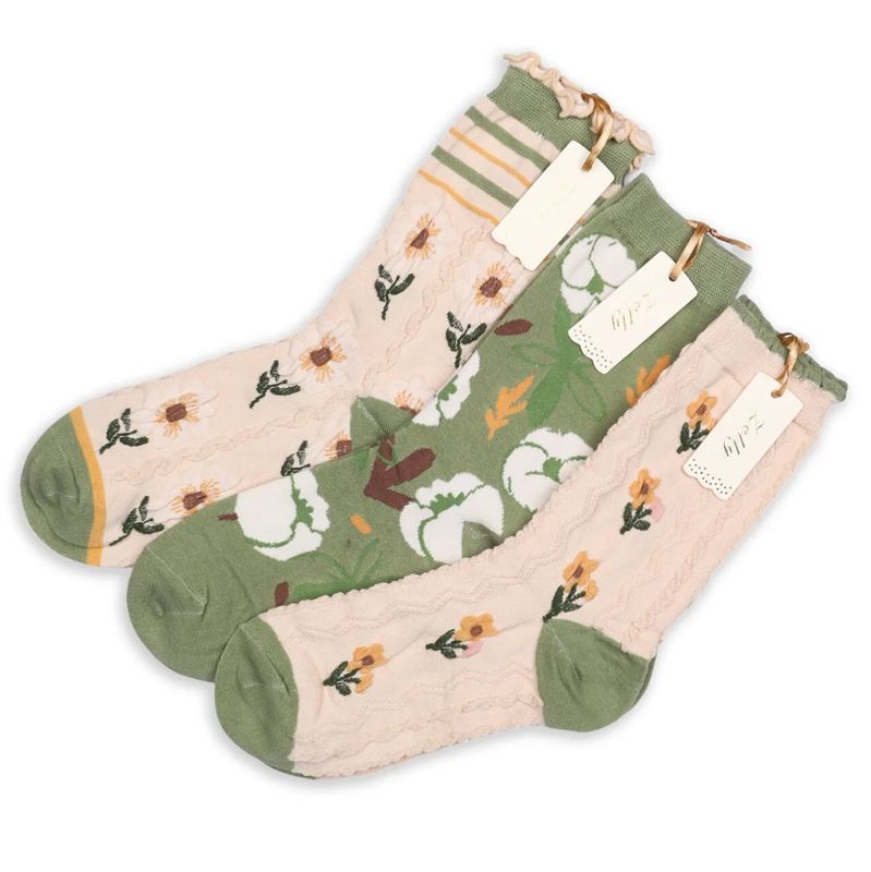 Zelly Ankle Socks Green Cream Pack of 3 Breathable Cotton With Spandex