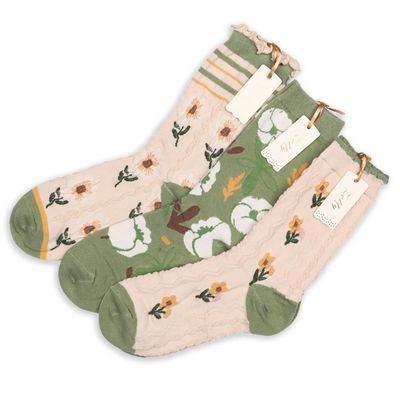 Zelly Ankle Socks Green Cream Pack of 3 Breathable Cotton With Spandex