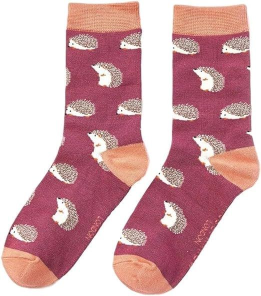 MISS SPARROW Sleepy Hedgehog Socks  Burgundy Soft Bamboo Blend