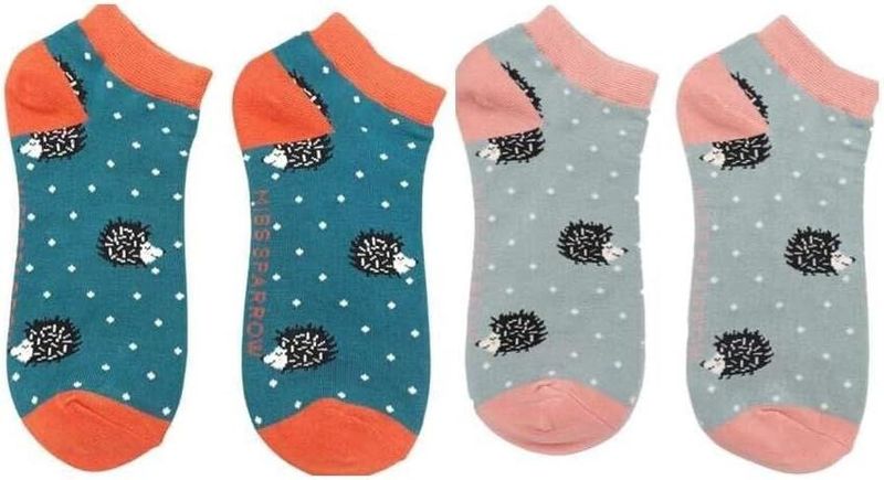MISS SPARROW Twin Pack Socks Cute Hedgehogs Bamboo Blend Teal Grey SALE