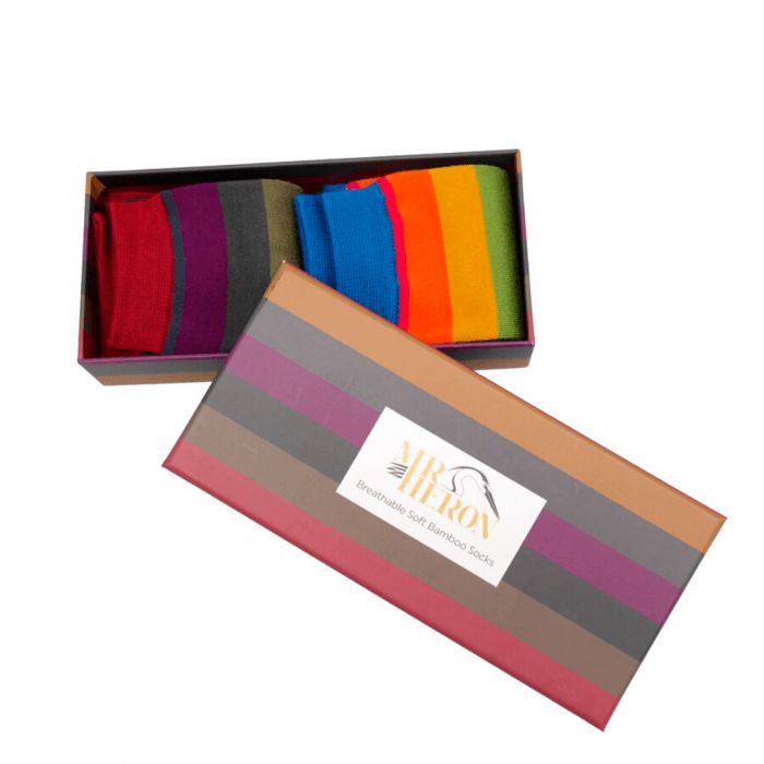 Mr Heron Mens 2 Pairs Stripes Socks Boxed Super Soft Breathable Bamboo Blend Eco Friendly