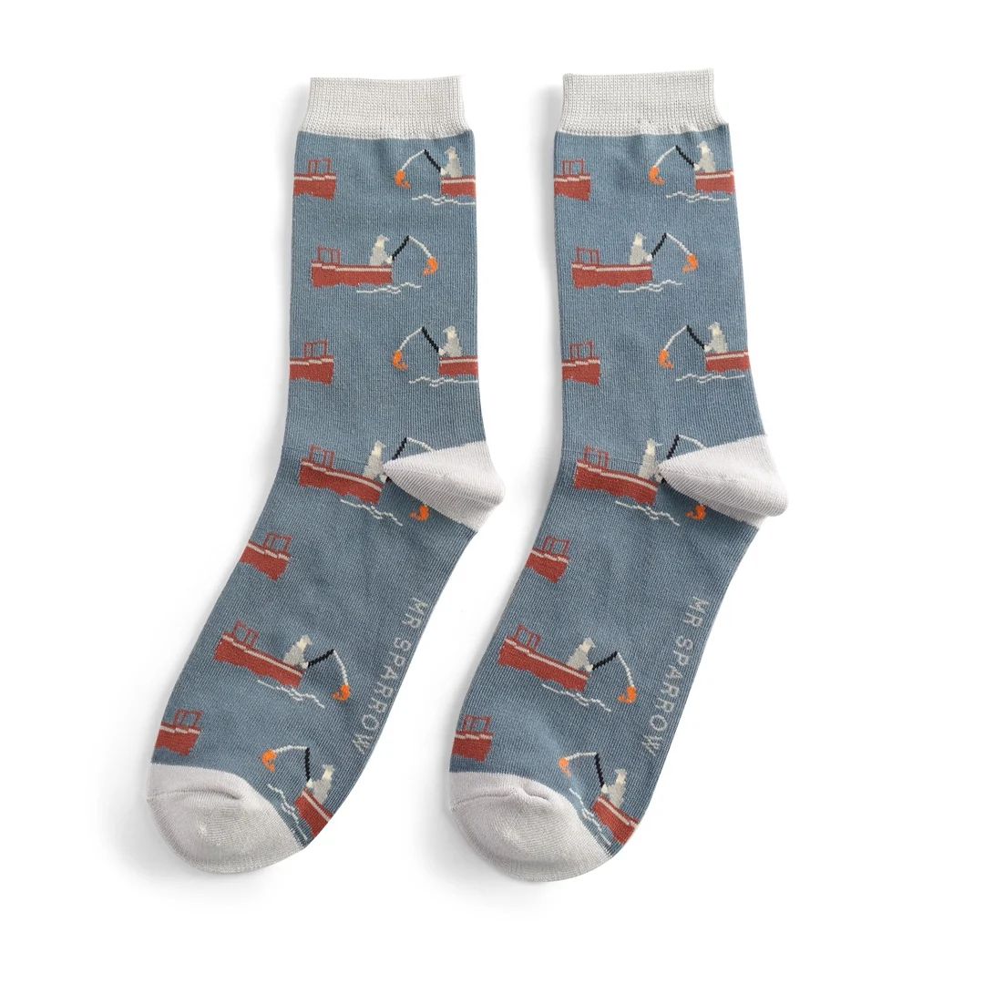 Mr Sparrow Gone Fishing Socks Demin Blue  Bamboo Blend For Men