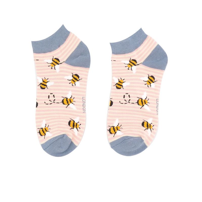 Miss Sparrow Bees Stripes Trainer Socks Soft Bamboo Blend Pink Cream