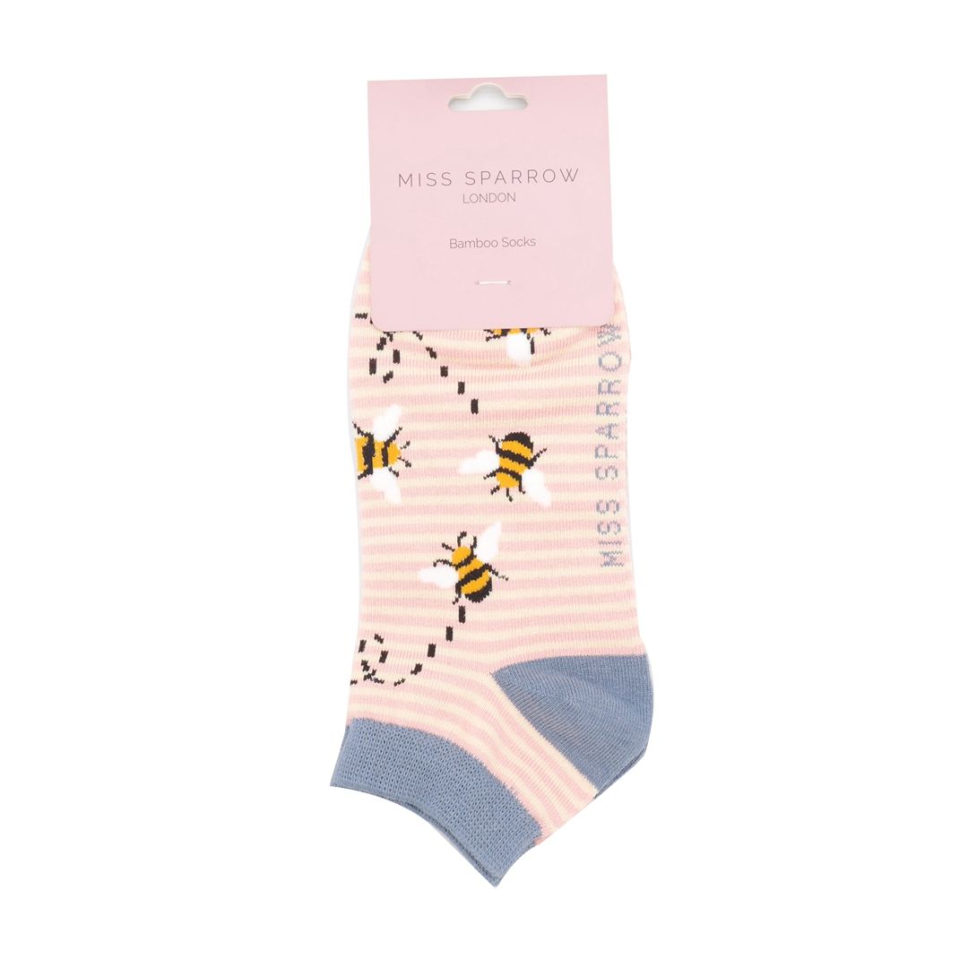 Miss Sparrow Bees Stripes Trainer Socks Soft Bamboo Blend Pink Cream