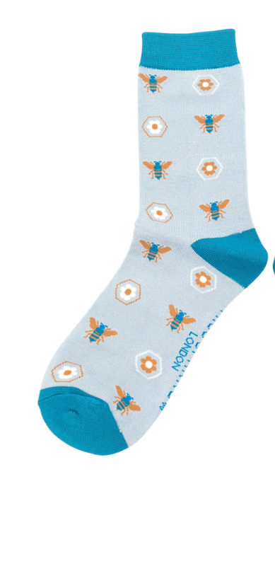 Miss Sparrow Retro Bees Socks Light Blue Bamboo Blend