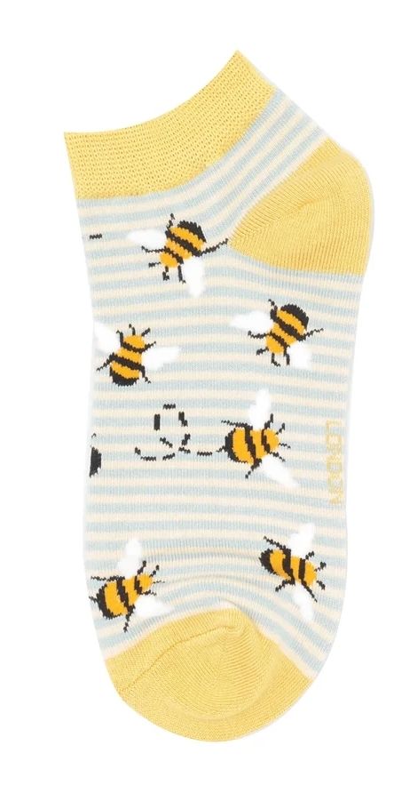Miss Sparrow Bees Stripes Trainer Socks Soft Bamboo Blend Blue Mustard