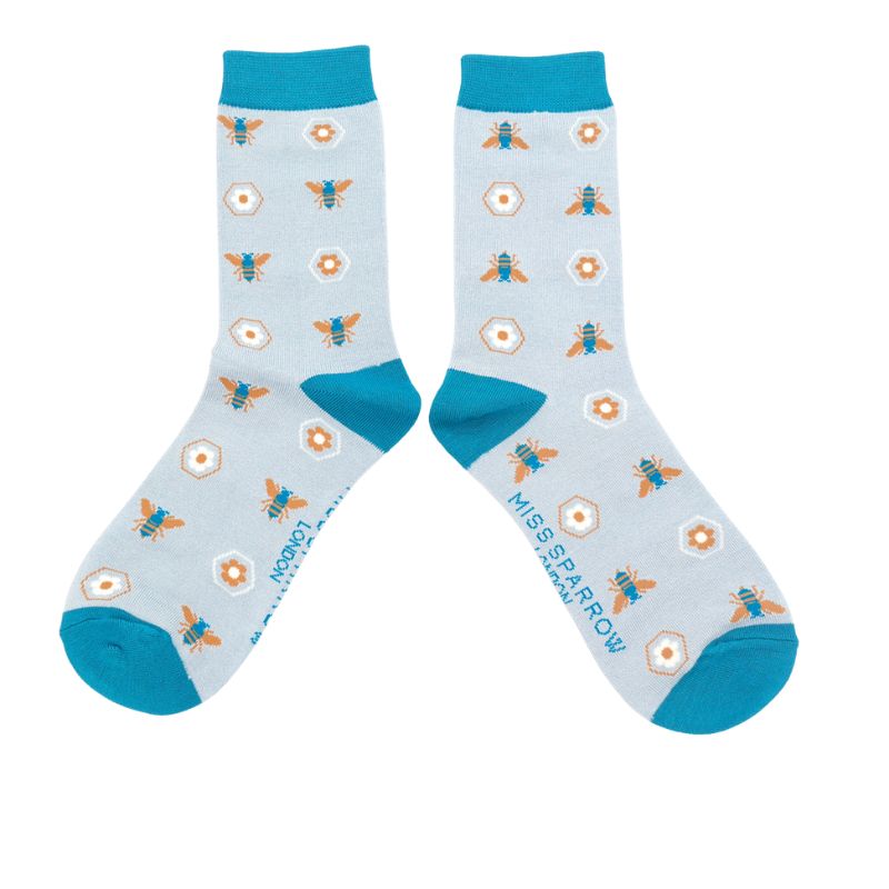 Miss Sparrow Retro Bees Socks Light Blue Bamboo Blend