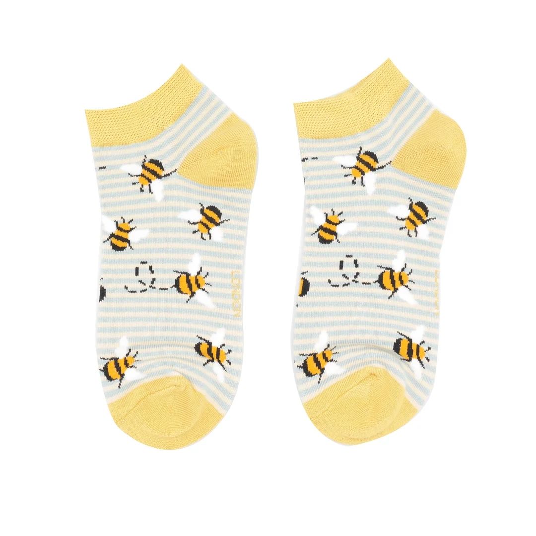 Miss Sparrow Bees Stripes Trainer Socks Soft Bamboo Blend Blue Mustard