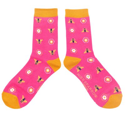Miss Sparrow Retro Bees Socks Pink  Bamboo Blend