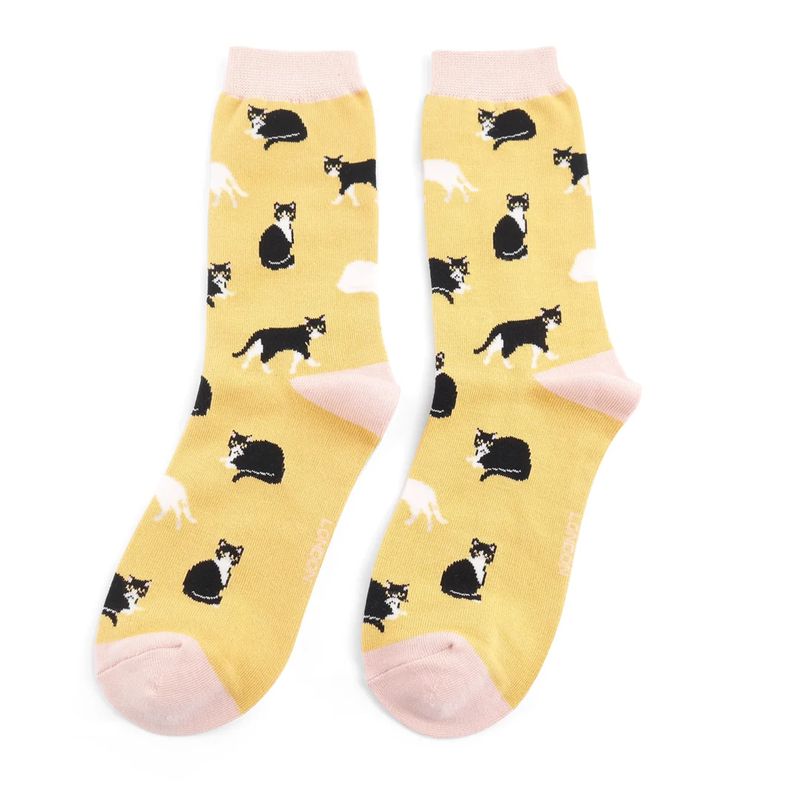 Miss Sparrow Black White Cats  Socks Yellow  Bamboo Blend