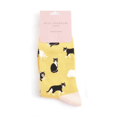 Miss Sparrow Black White Cats Socks Yellow