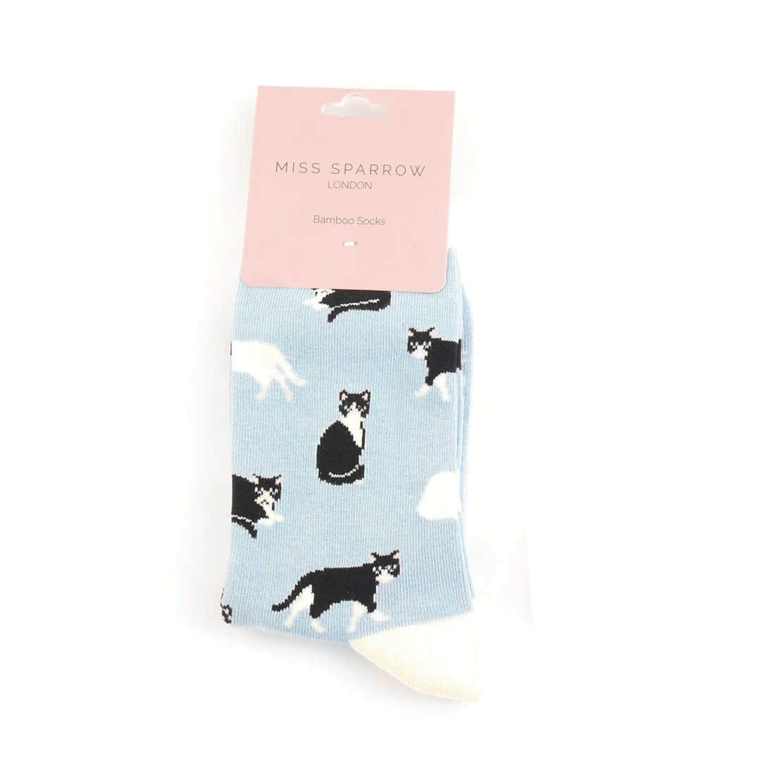 Miss Sparrow Black White Cats Socks Powder Blue SALE