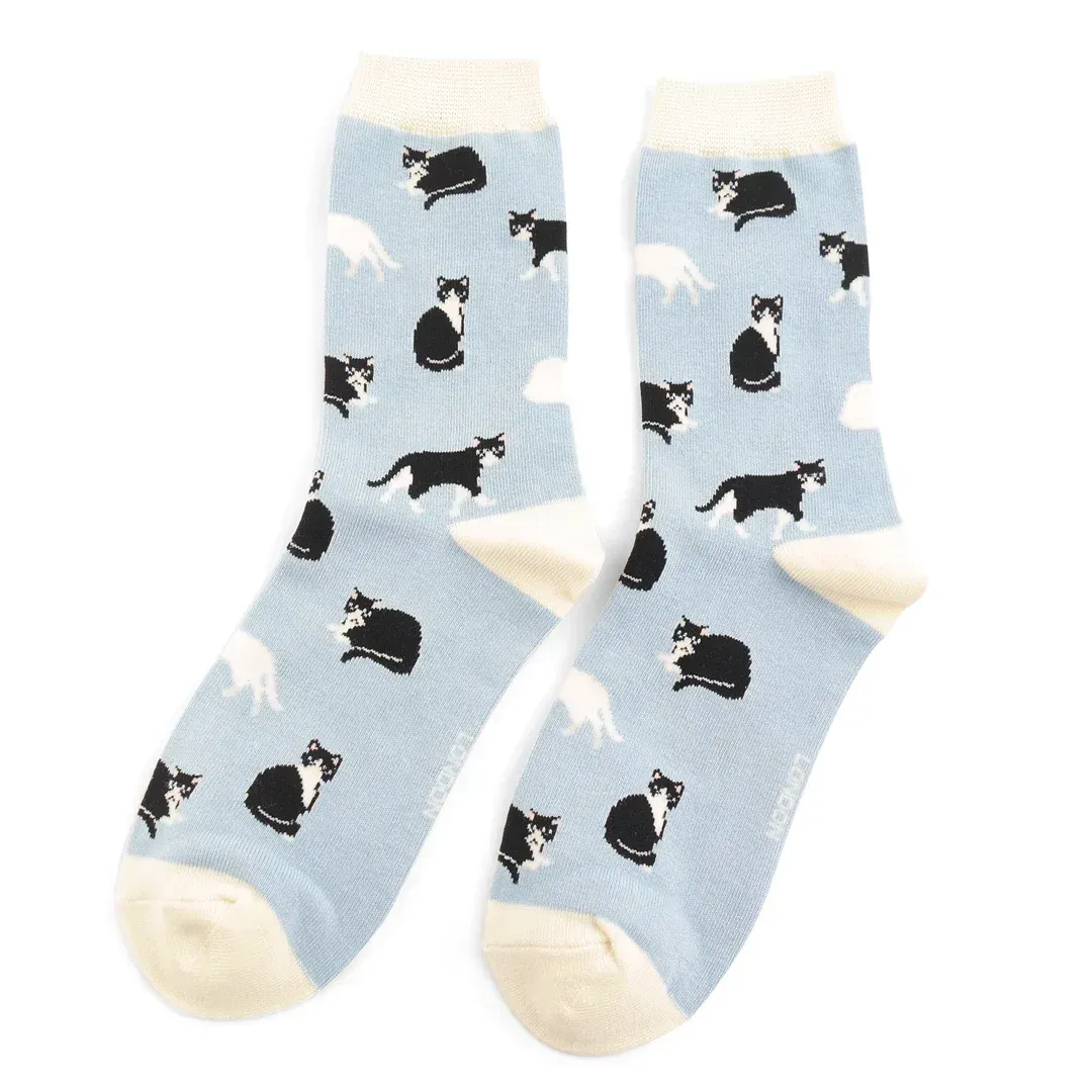 Miss Sparrow Black White Cats  Socks Powder Blue Bamboo Blend