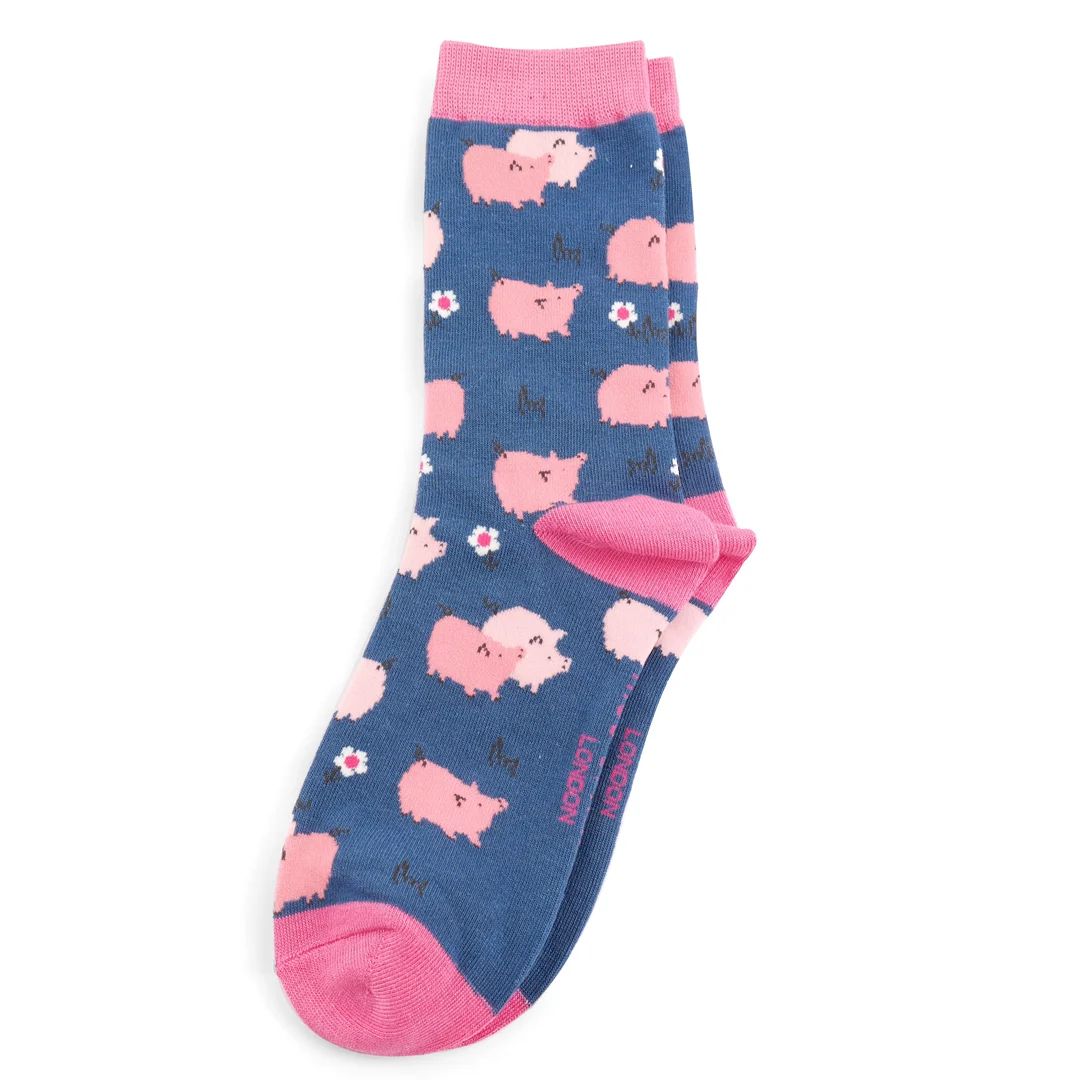 Miss Sparrow Pretty Pig Socks Navy Super Soft Bamboo Blend