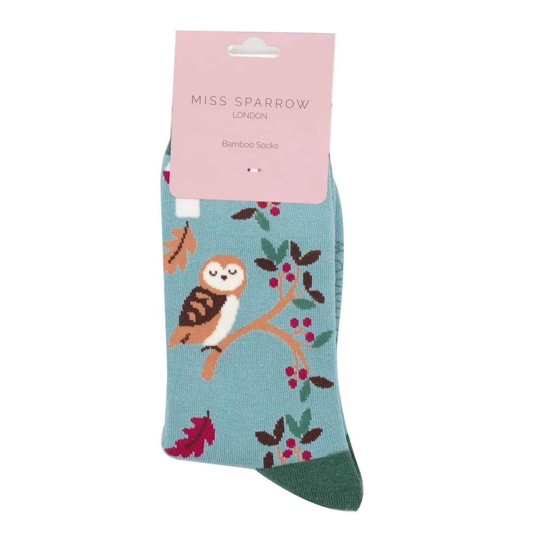 Miss Sparrow Woodland Owl  Socks Duck Egg  Super Soft Bamboo Blend