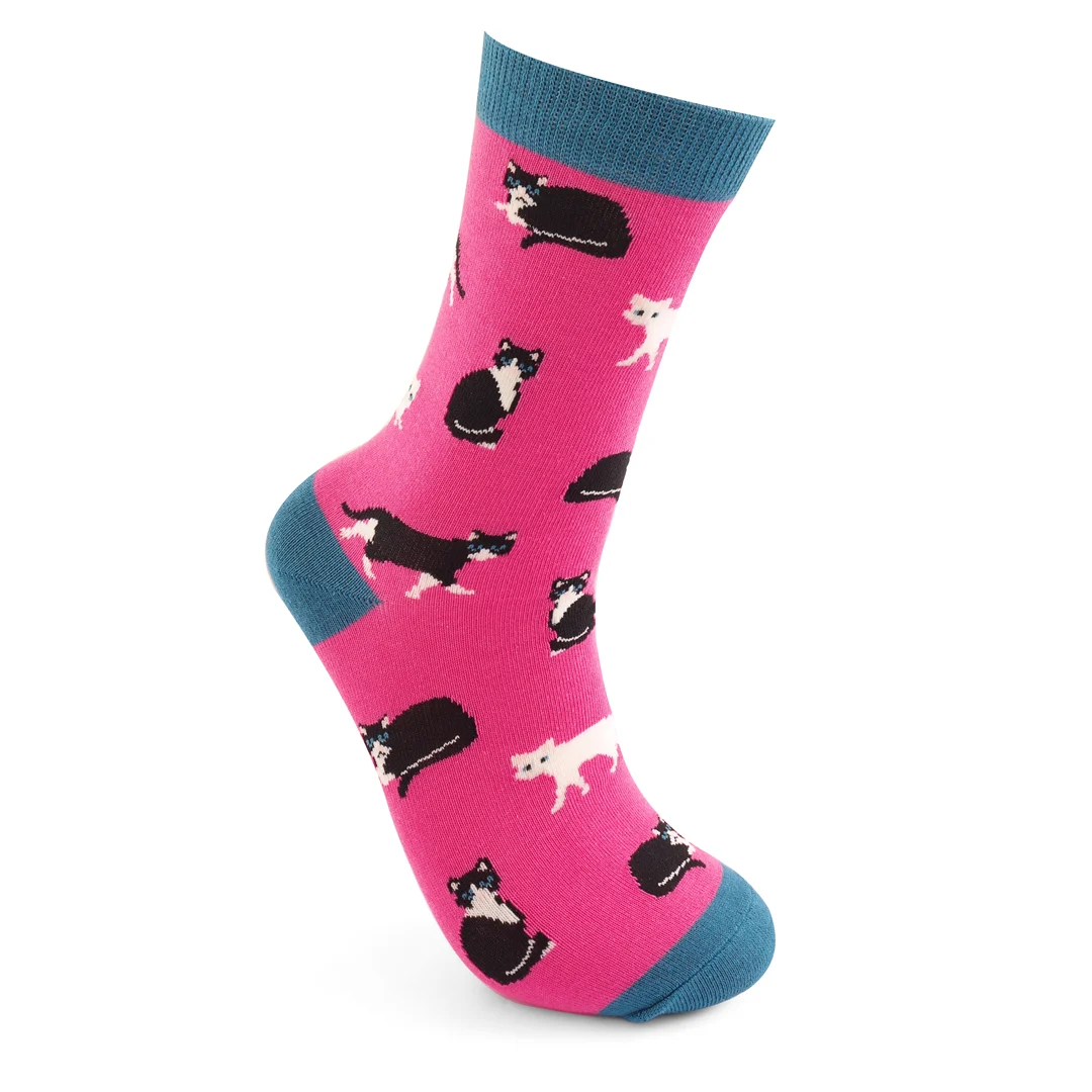 Miss Sparrow Black White Cats Socks Fuchsia Pink