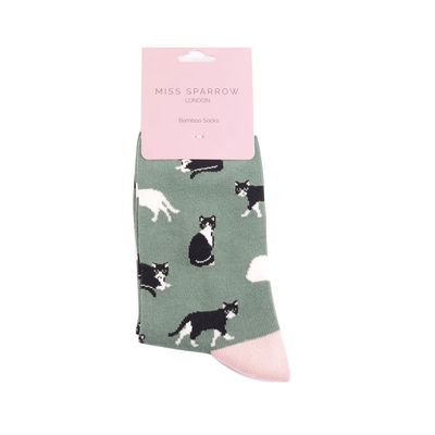 Miss Sparrow Black White Cats Socks Green Soft