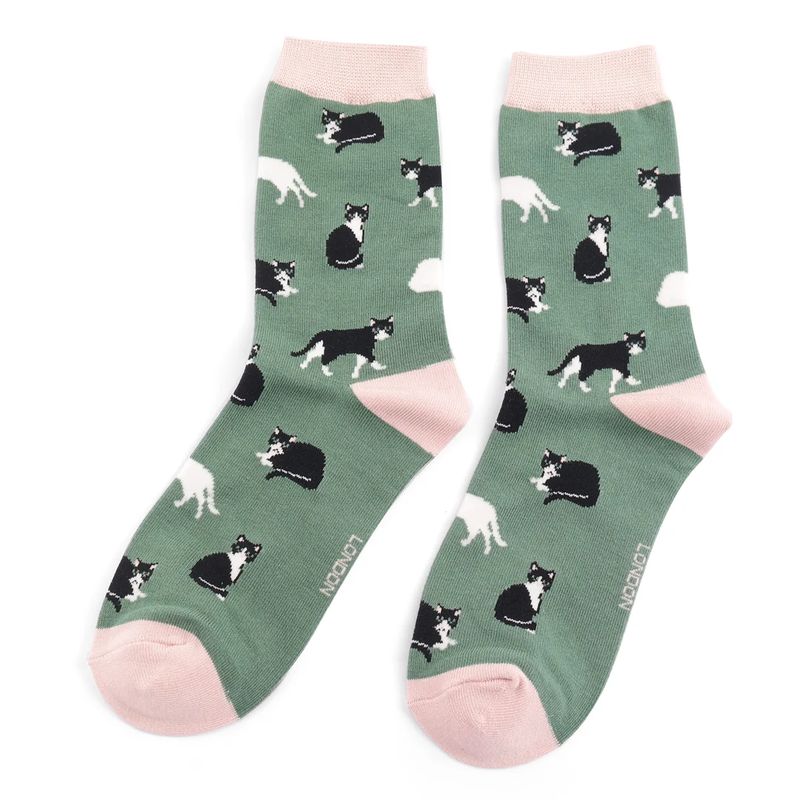 Miss Sparrow Black White Cats  Socks Green Soft  Bamboo Blend