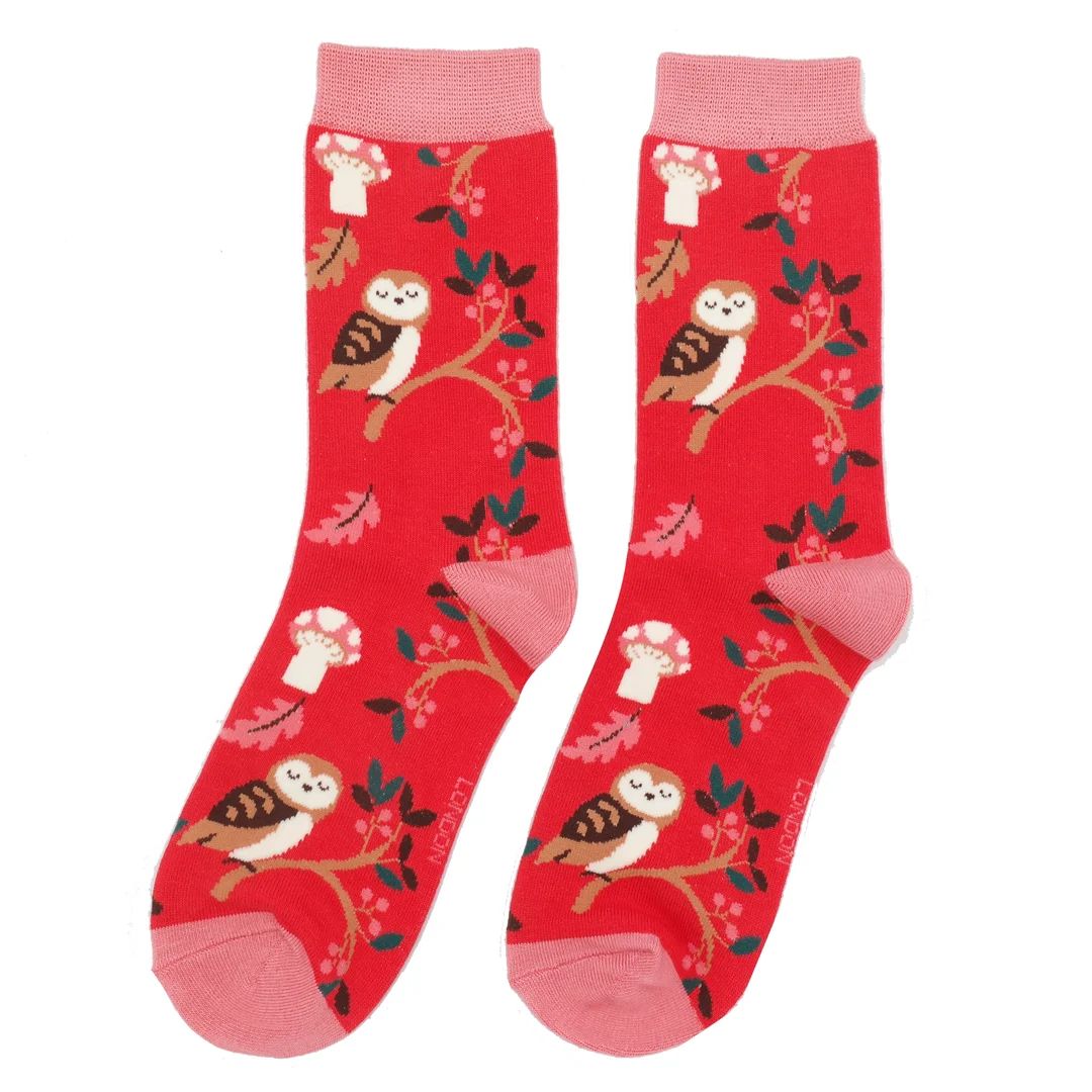 Miss Sparrow Woodland Owl Socks Red Super Soft Bamboo Blend