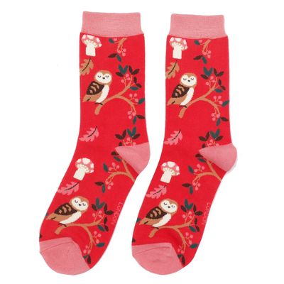 Miss Sparrow Woodland Owl Socks Red Super Soft Bamboo Blend